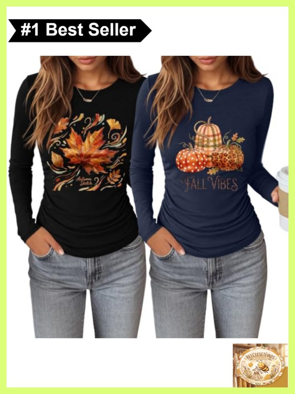 Women's Pumpkin Maple Leaf Print Long Sleeve Crew Neck Slim Fit T-Shirt 2-Pack